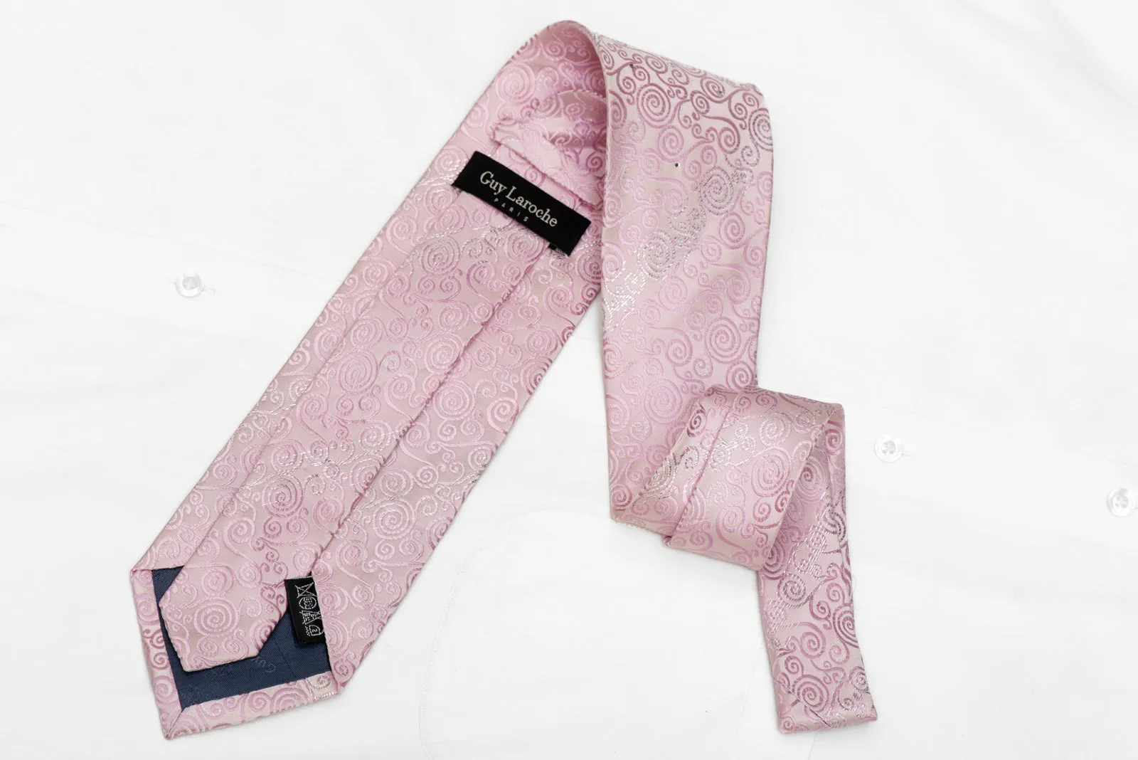 Scrolls On Pink Rhinestone Silk Necktie With Silver Sparkles