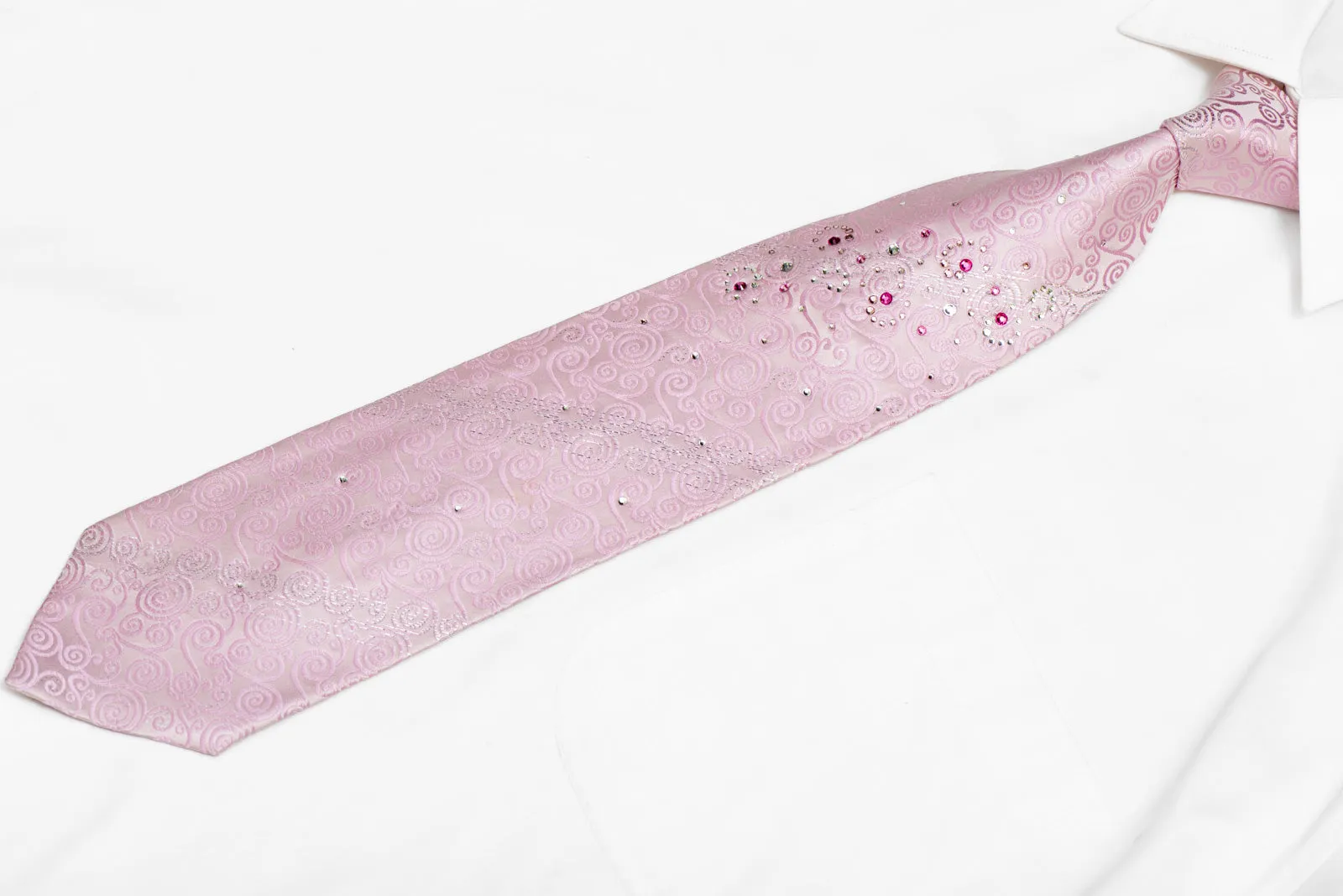 Scrolls On Pink Rhinestone Silk Necktie With Silver Sparkles
