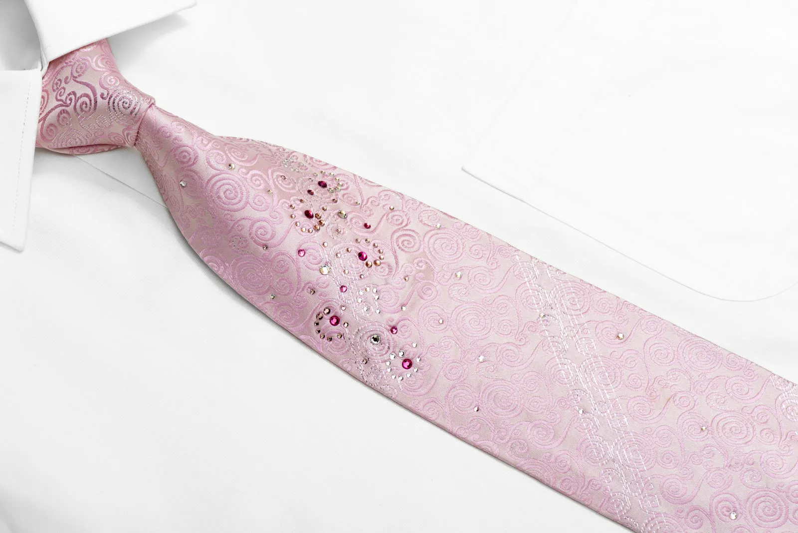 Scrolls On Pink Rhinestone Silk Necktie With Silver Sparkles