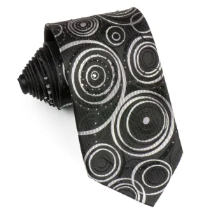 Silk Neck Tie By Elegance Silver Circles On Black With Rhinestones 3 1/2 Inch