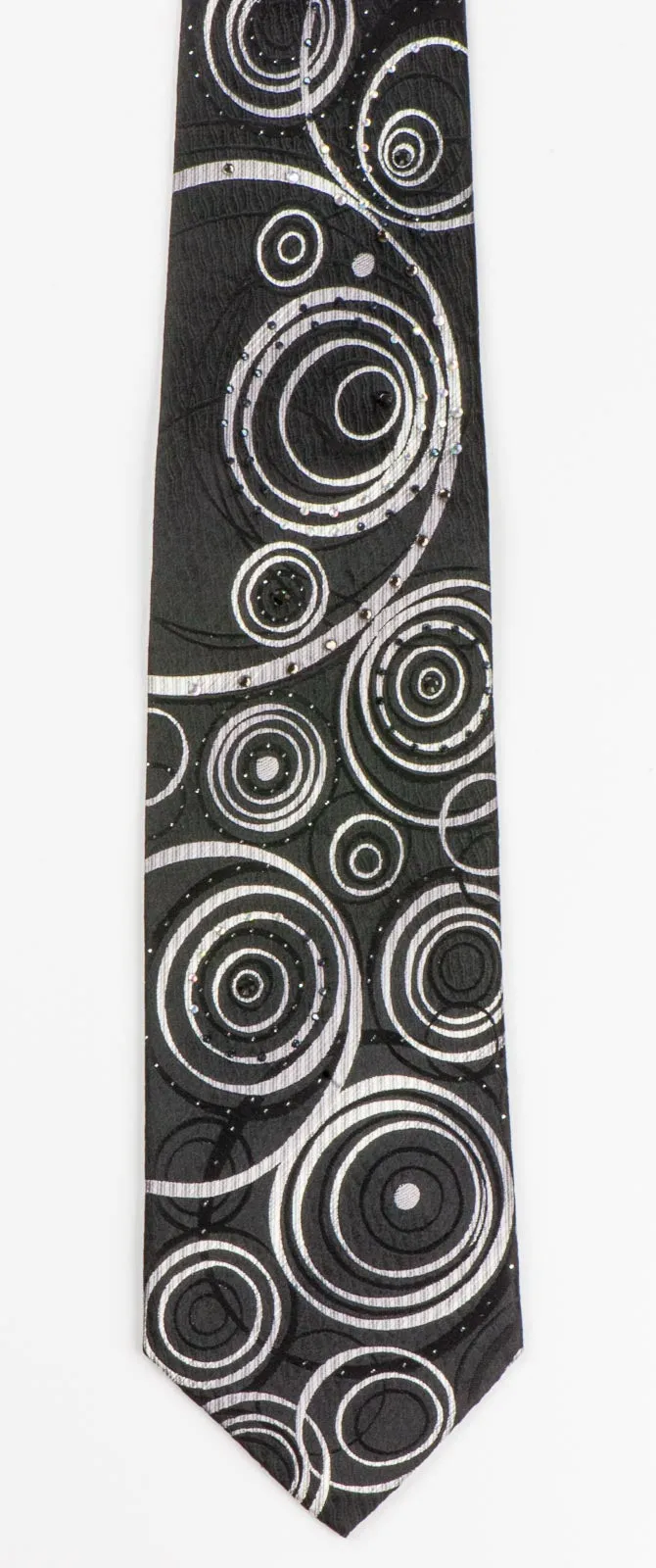 Silk Neck Tie By Elegance Silver Circles On Black With Rhinestones 3 1/2 Inch