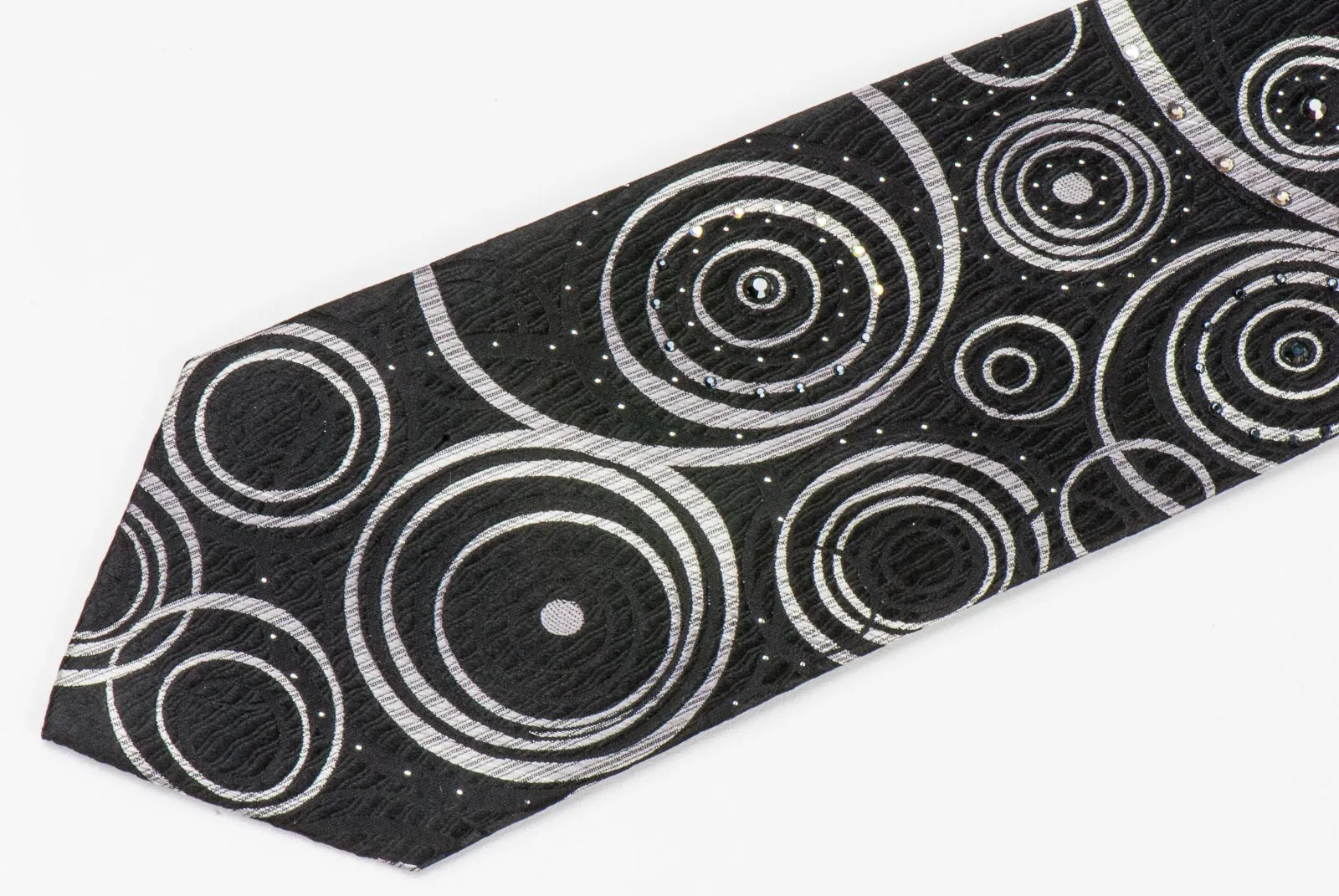 Silk Neck Tie By Elegance Silver Circles On Black With Rhinestones 3 1/2 Inch
