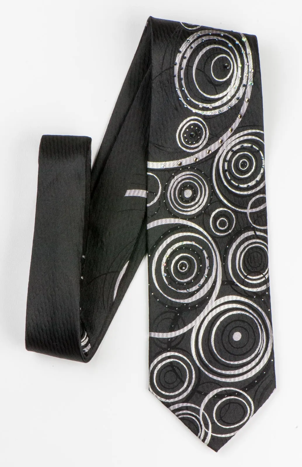 Silk Neck Tie By Elegance Silver Circles On Black With Rhinestones 3 1/2 Inch
