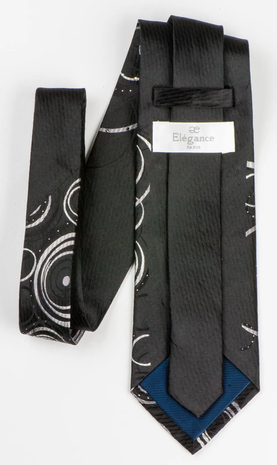 Silk Neck Tie By Elegance Silver Circles On Black With Rhinestones 3 1/2 Inch