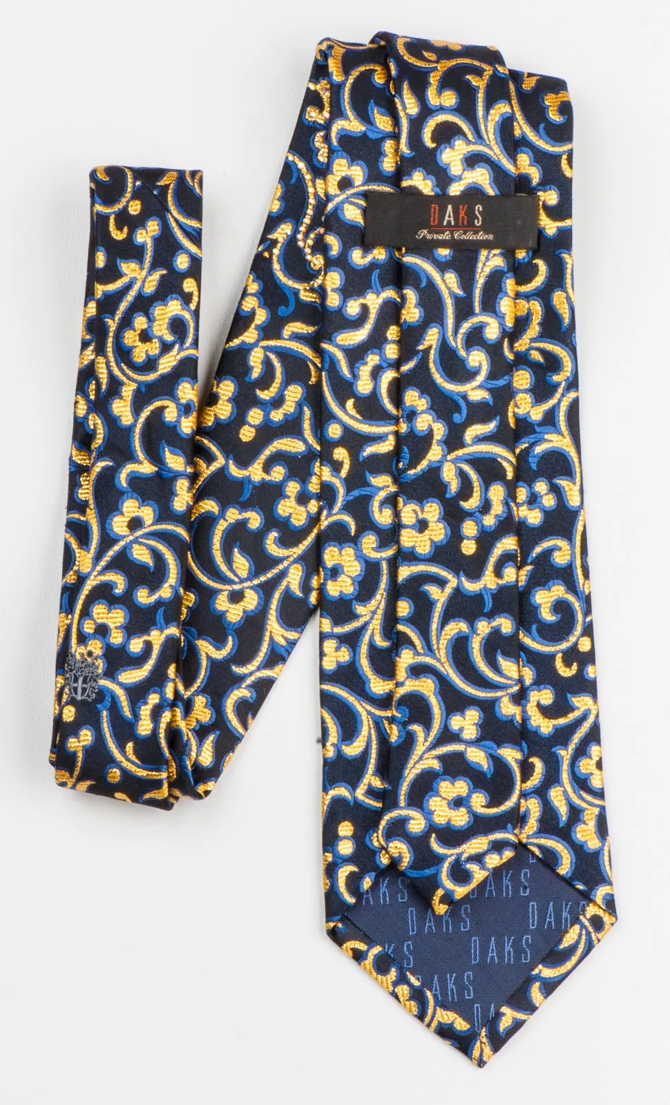 Silk Neck Tie Golden Floral On Navy Blue With Rhinestones