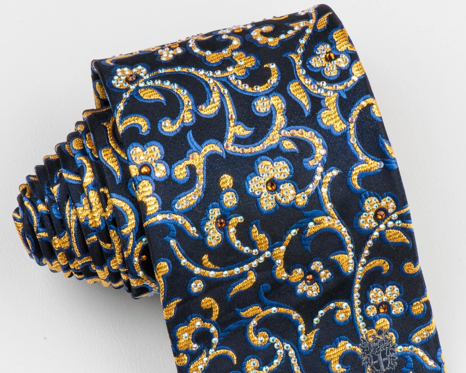 Silk Neck Tie Golden Floral On Navy Blue With Rhinestones