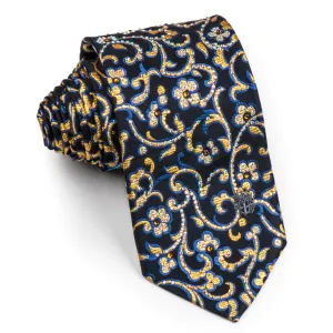 Silk Neck Tie Golden Floral On Navy Blue With Rhinestones