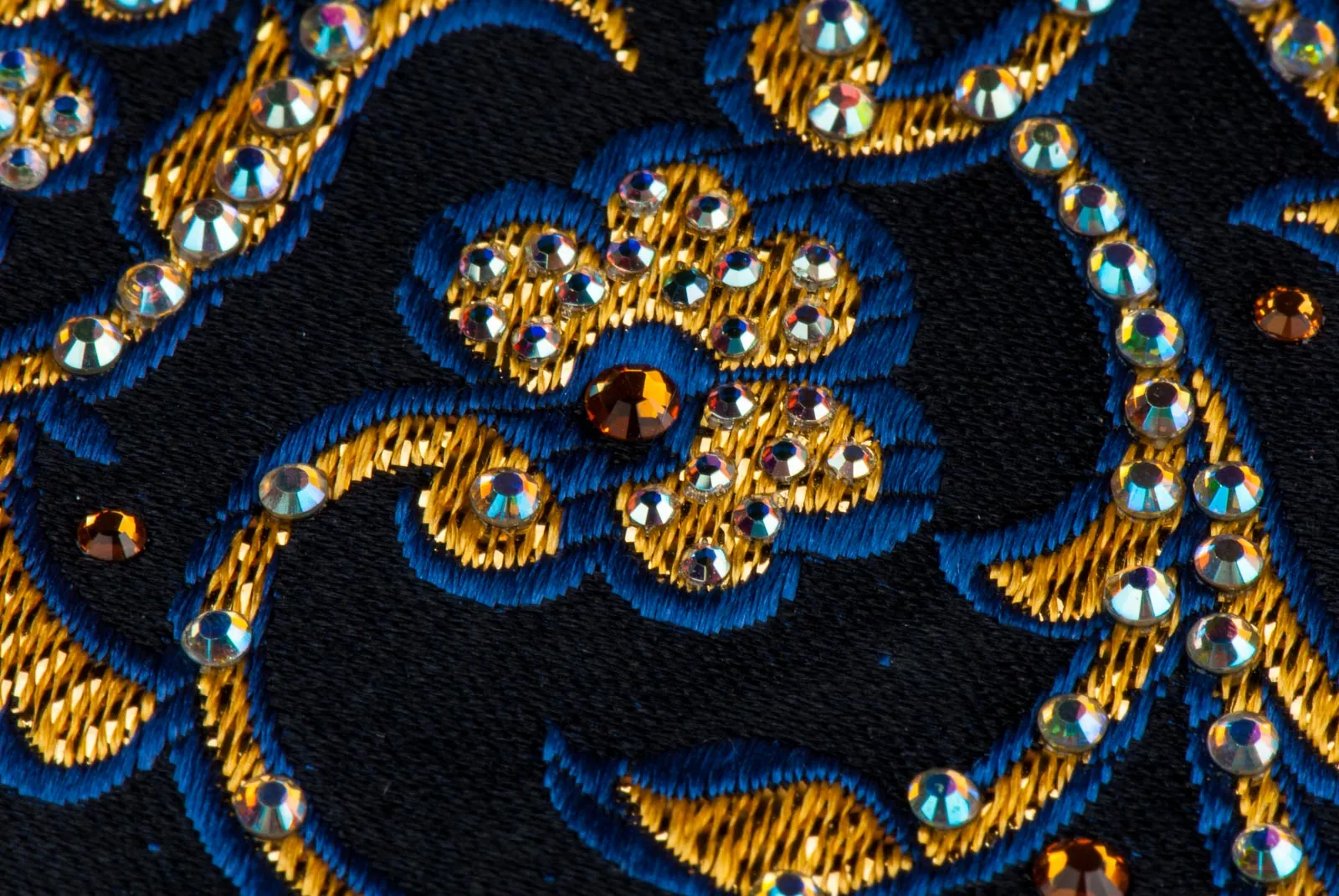 Silk Neck Tie Golden Floral On Navy Blue With Rhinestones