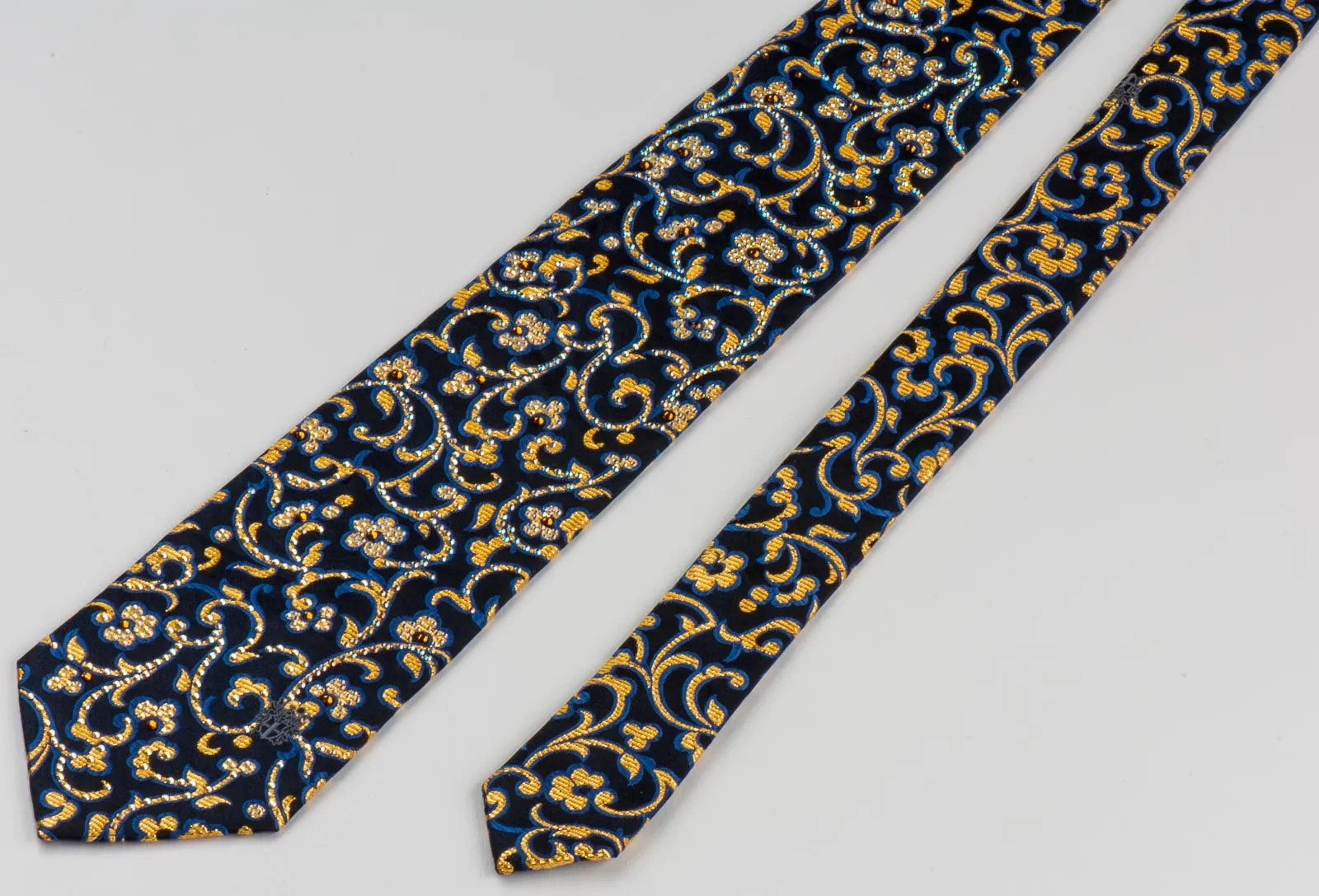 Silk Neck Tie Golden Floral On Navy Blue With Rhinestones