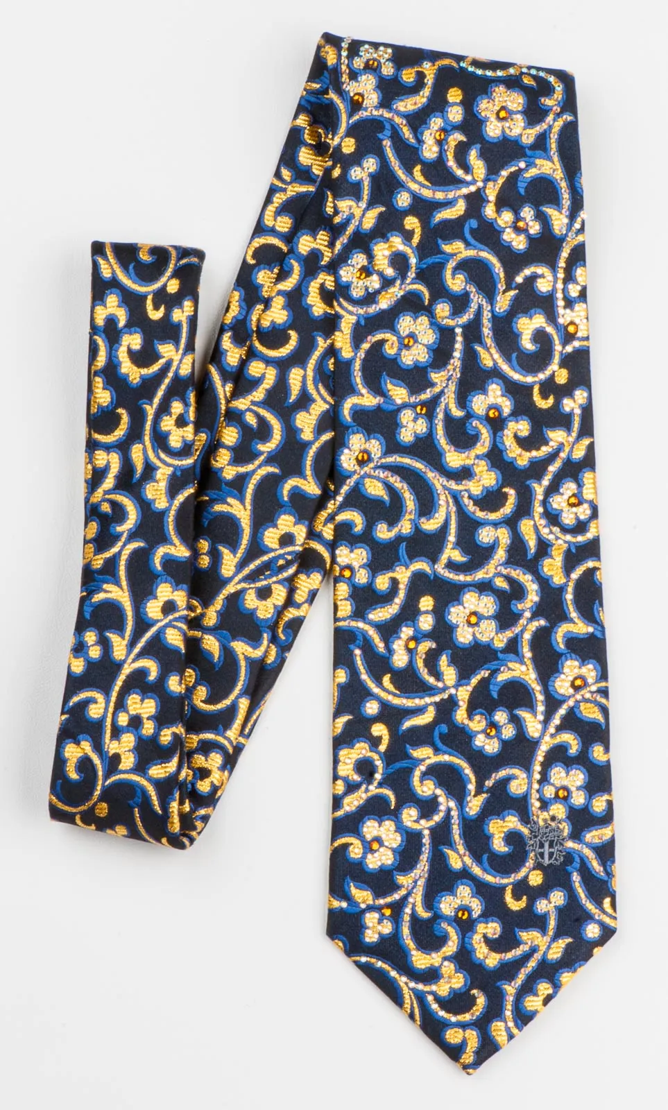 Silk Neck Tie Golden Floral On Navy Blue With Rhinestones