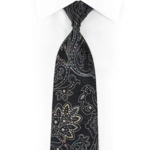 Silver Acanthus On Black Rhinestone Silk Necktie