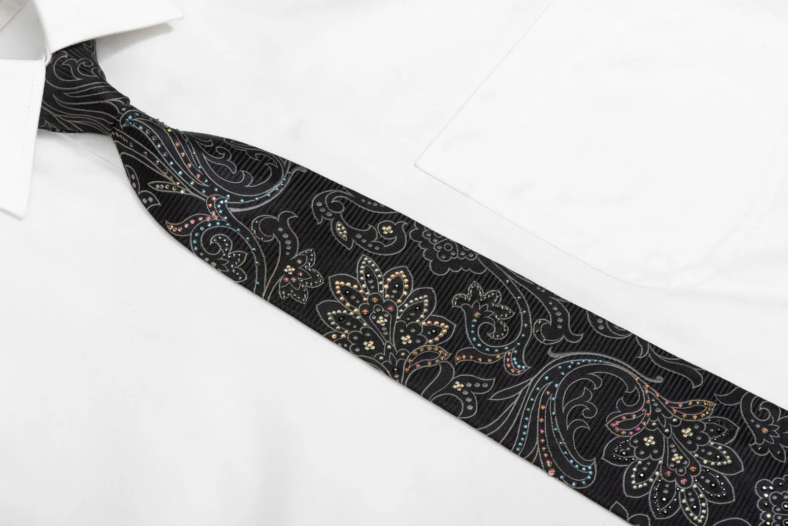 Silver Acanthus On Black Rhinestone Silk Necktie