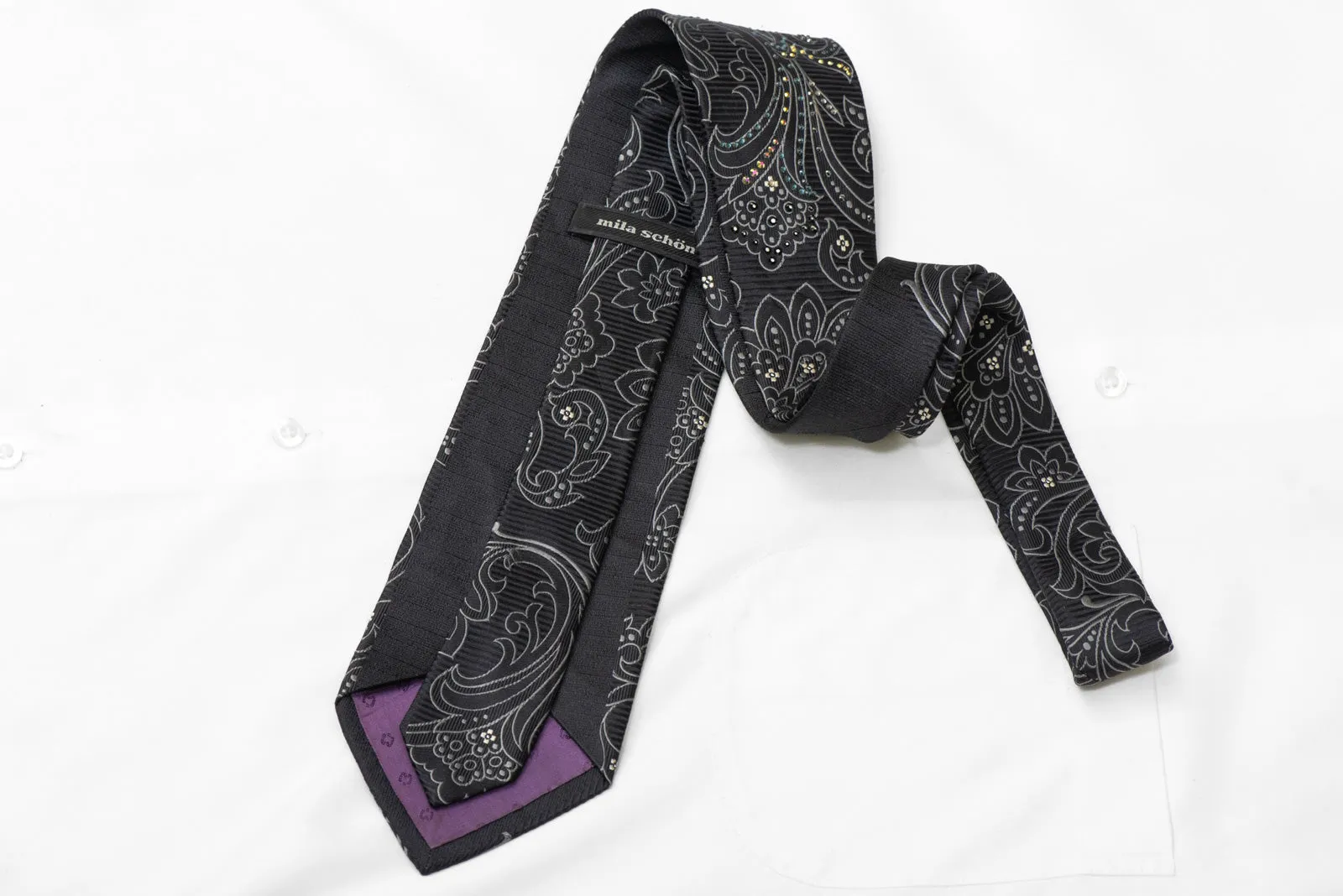 Silver Acanthus On Black Rhinestone Silk Necktie