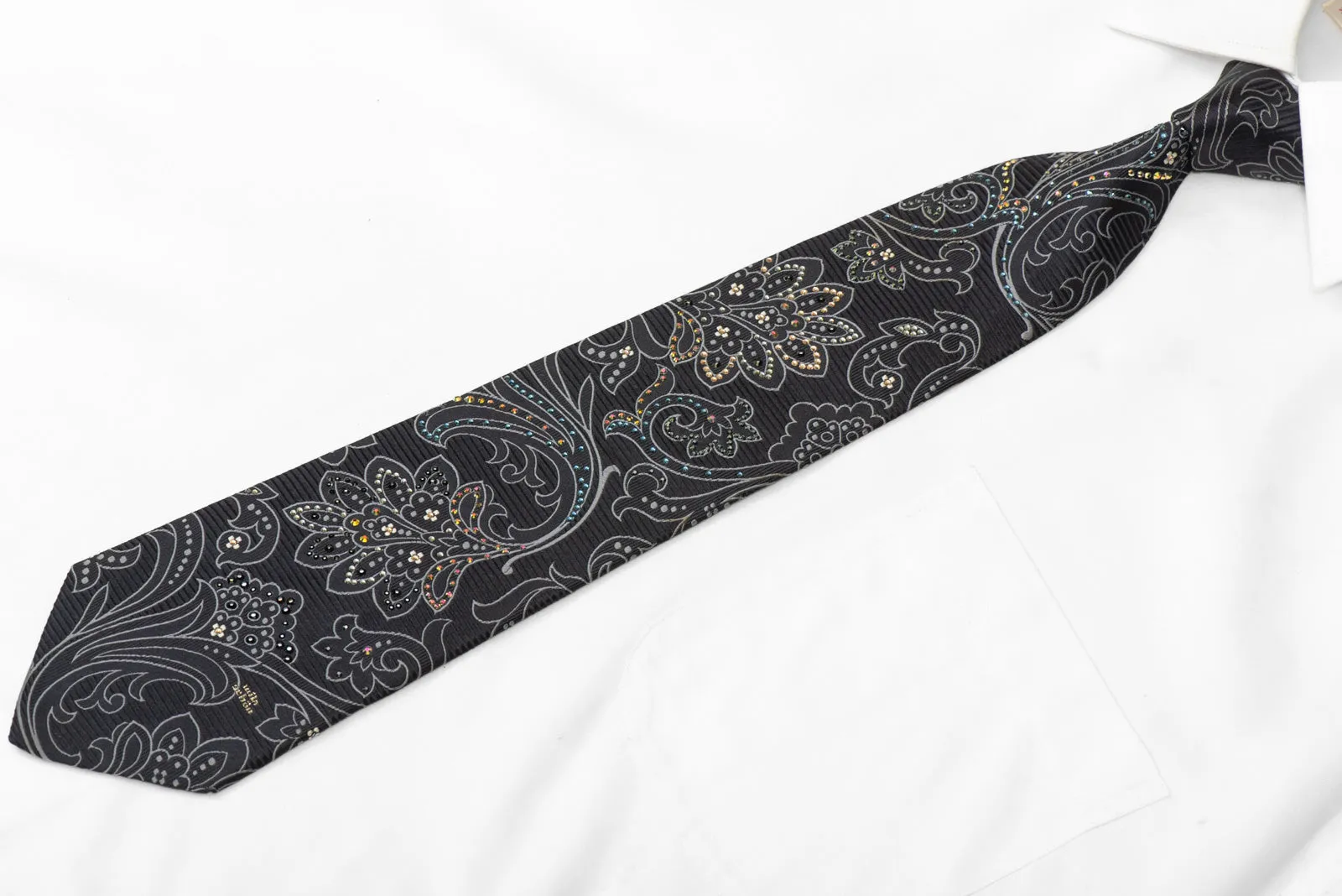 Silver Acanthus On Black Rhinestone Silk Necktie