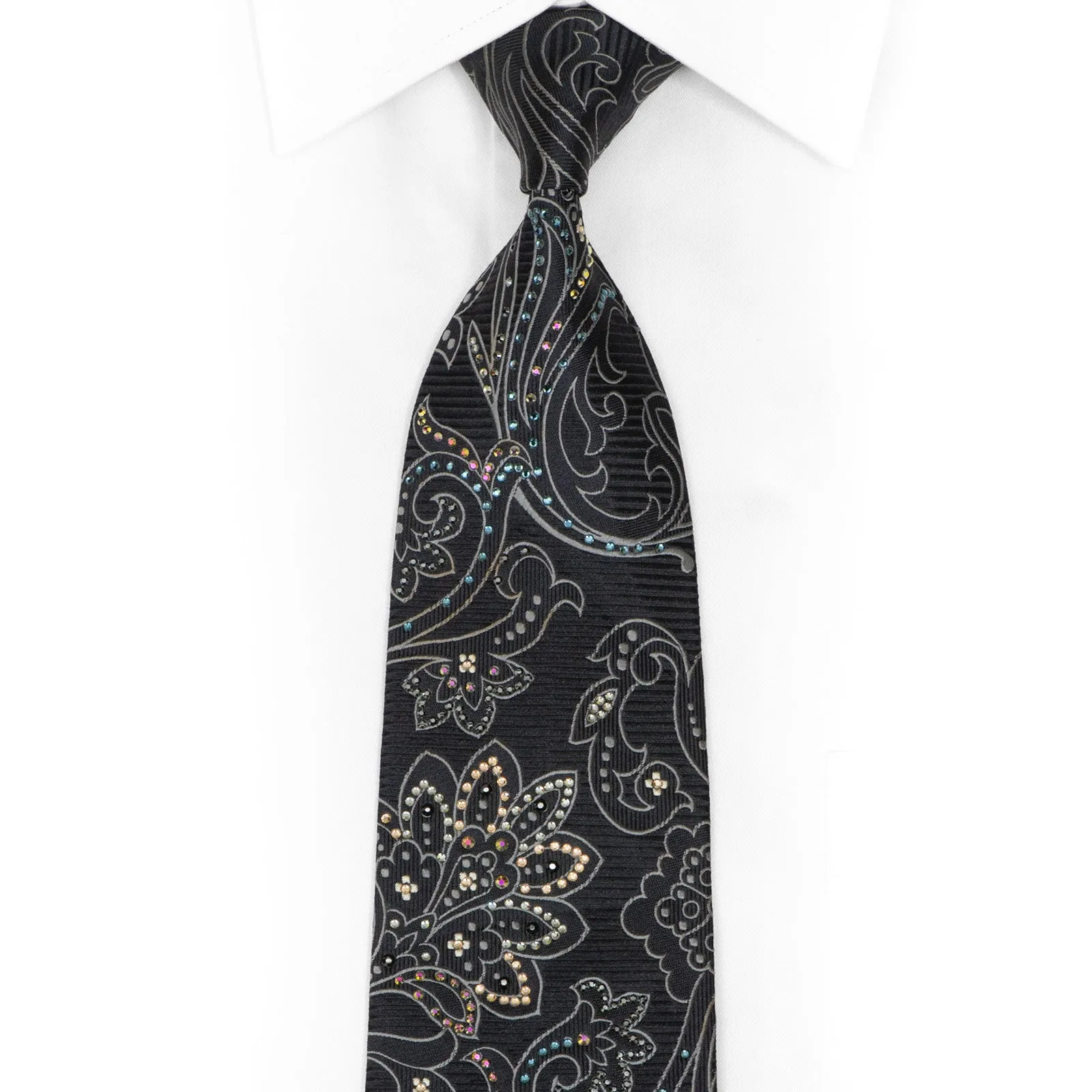 Silver Acanthus On Black Rhinestone Silk Necktie