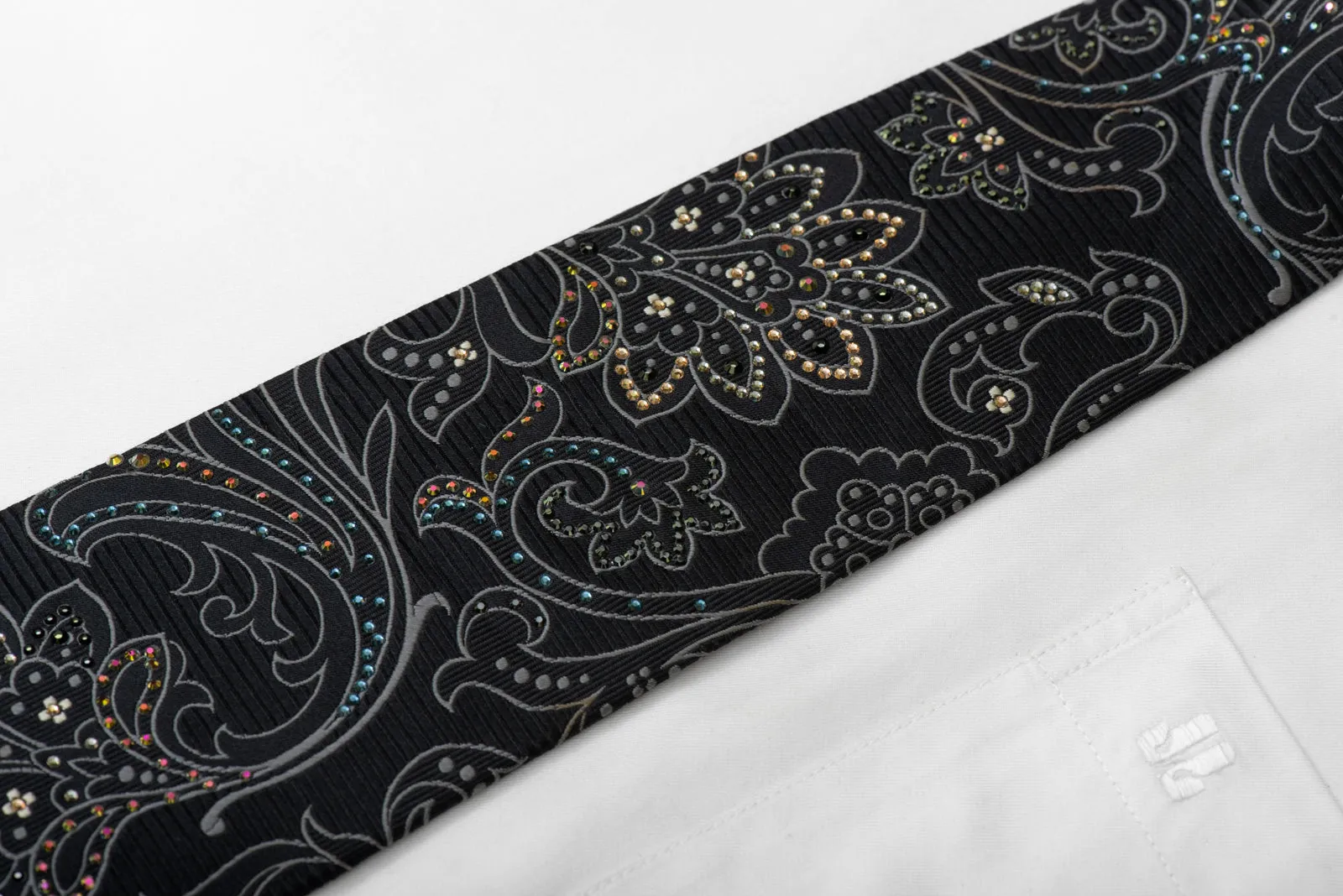 Silver Acanthus On Black Rhinestone Silk Necktie