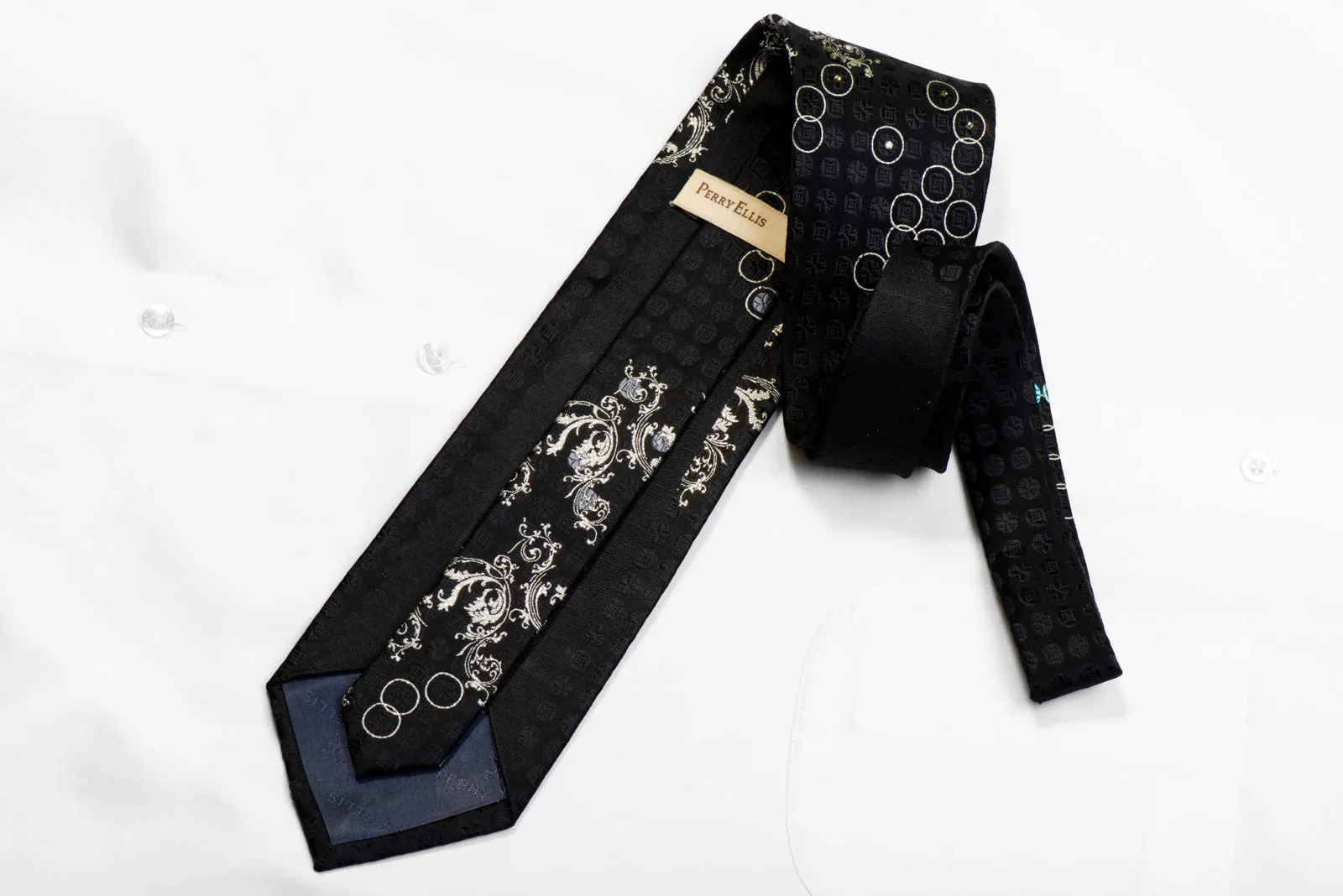 Silver Acanthus Scrolls On Black Rhinestone Necktie With Sparkles