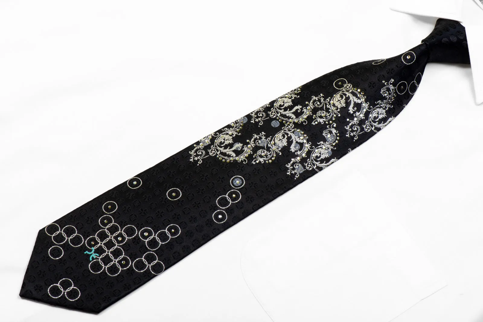 Silver Acanthus Scrolls On Black Rhinestone Necktie With Sparkles