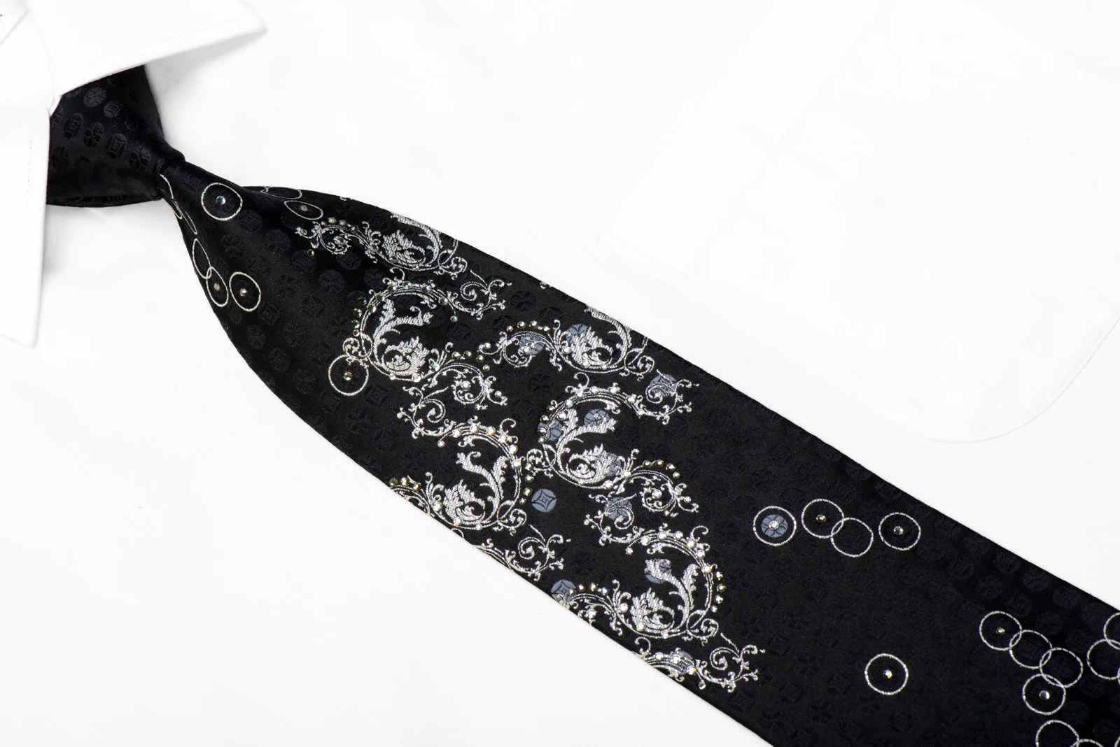 Silver Acanthus Scrolls On Black Rhinestone Necktie With Sparkles