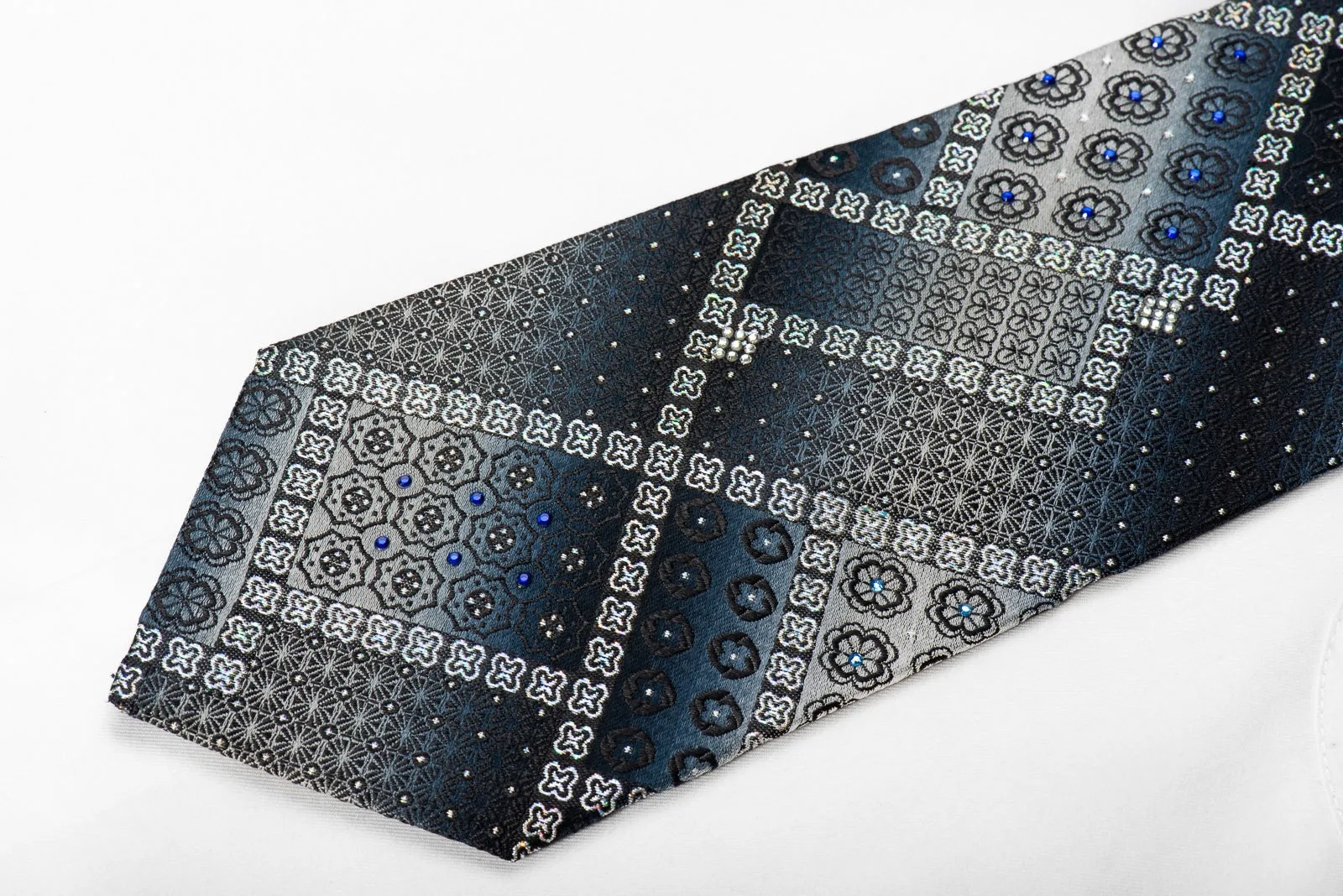 Silver Black Navy Geometric Men's Crystal Silk Necktie With Silver Sparkles