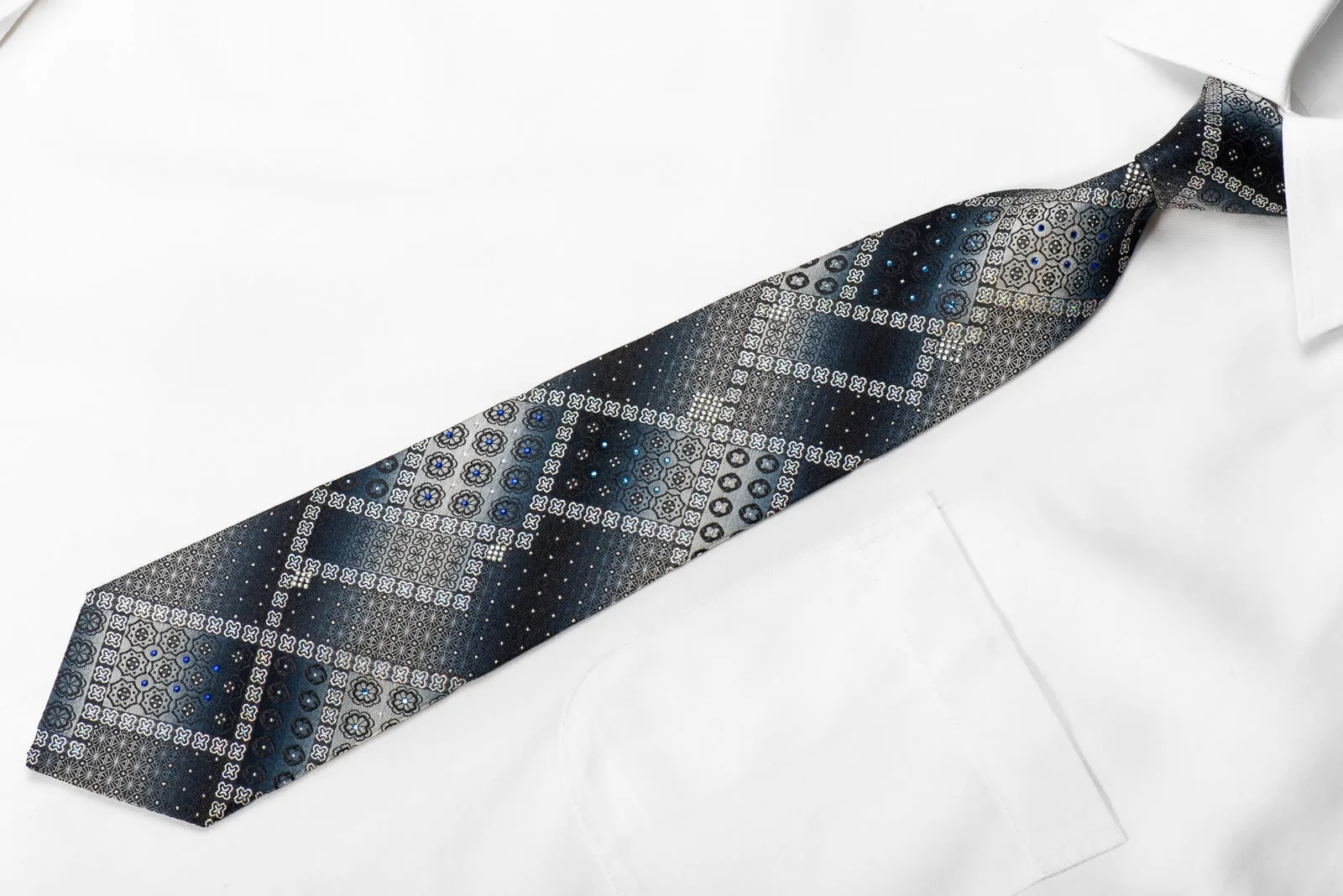Silver Black Navy Geometric Men's Crystal Silk Necktie With Silver Sparkles