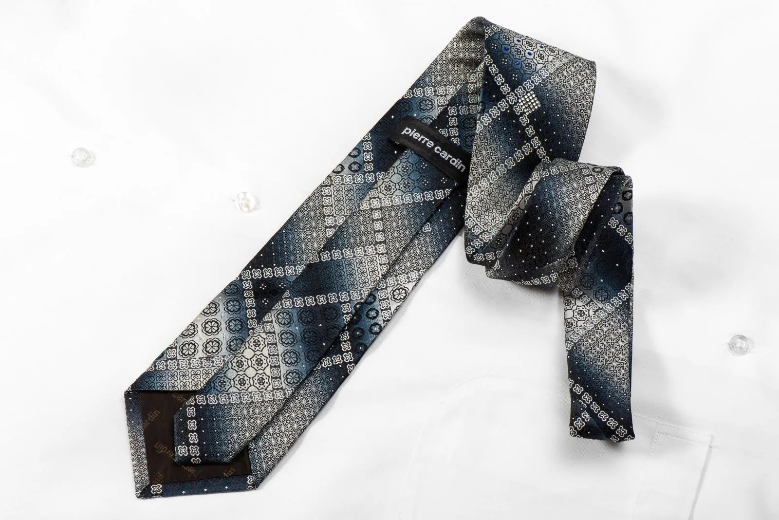Silver Black Navy Geometric Men's Crystal Silk Necktie With Silver Sparkles