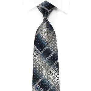 Silver Black Navy Geometric Men's Crystal Silk Necktie With Silver Sparkles