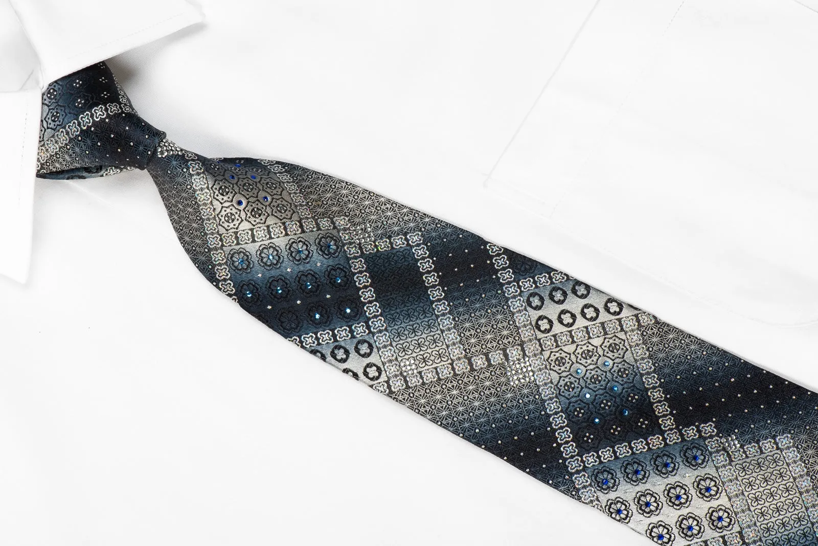 Silver Black Navy Geometric Men's Crystal Silk Necktie With Silver Sparkles