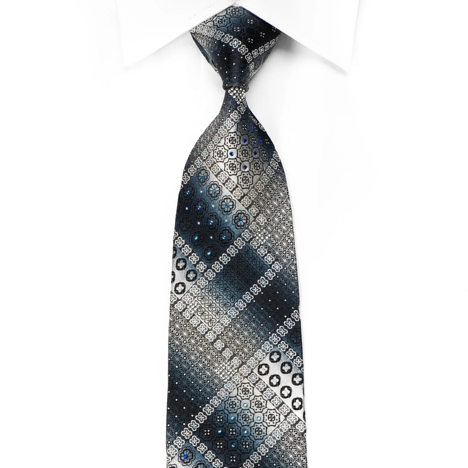 Silver Black Navy Geometric Men's Crystal Silk Necktie With Silver Sparkles