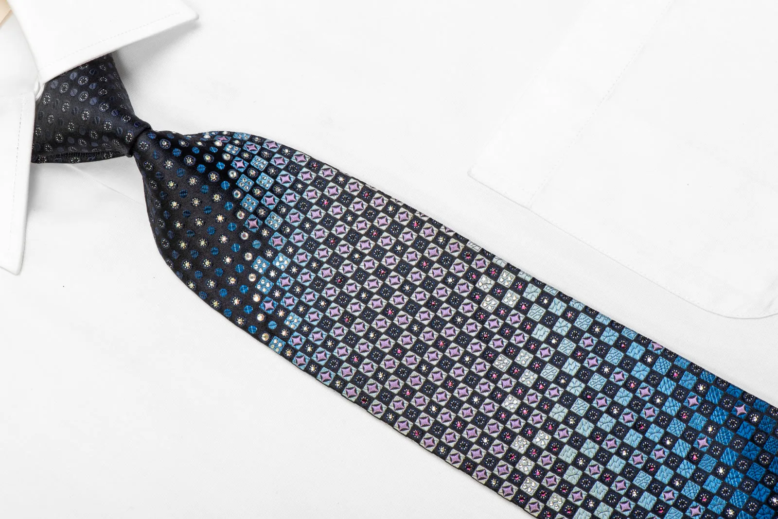 Silver Blue Checkered On Black Rhinestone Silk Necktie With Sparkles