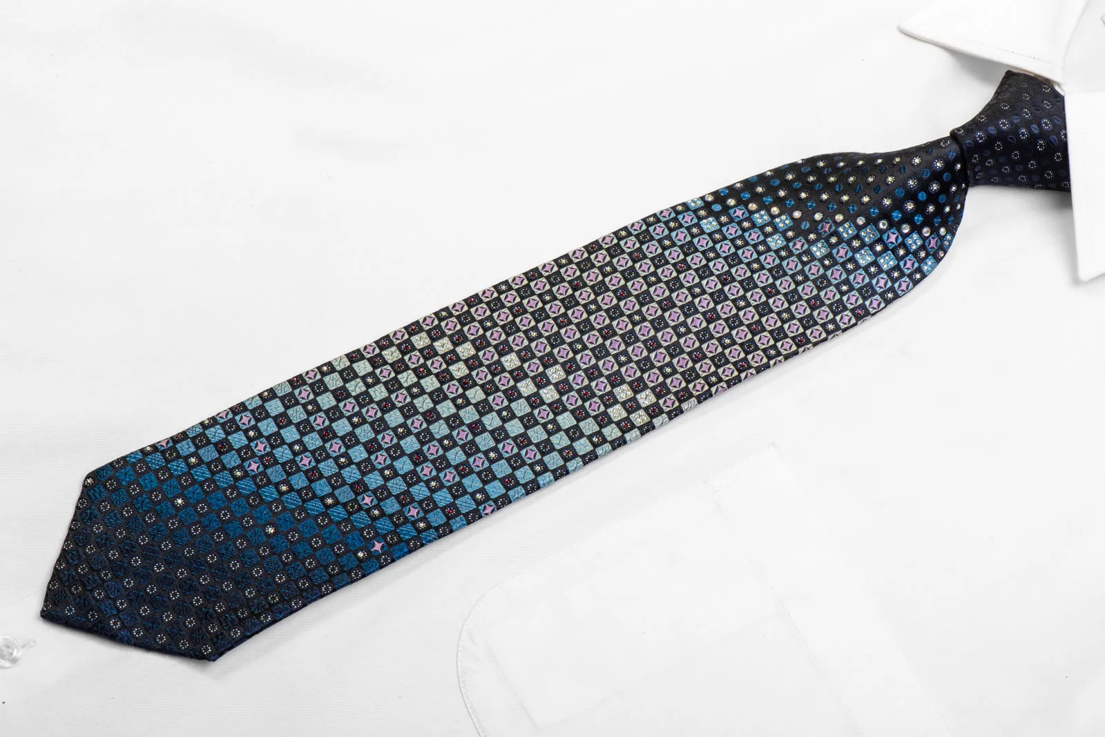 Silver Blue Checkered On Black Rhinestone Silk Necktie With Sparkles