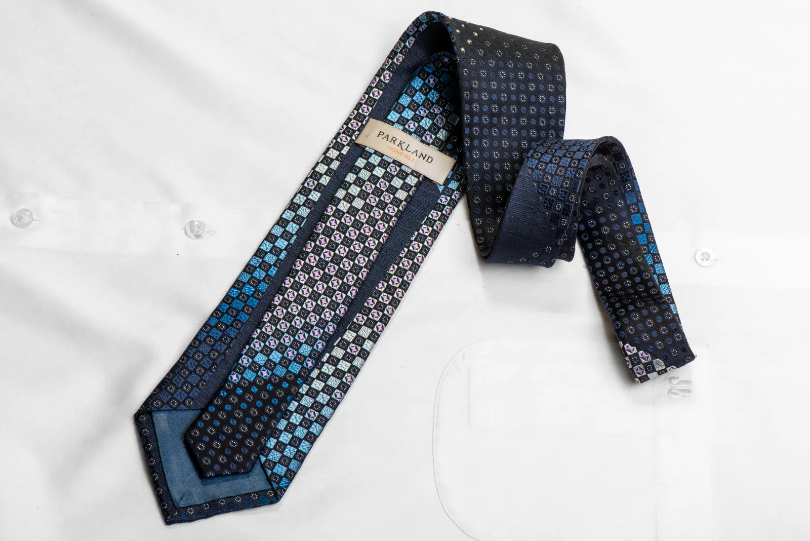 Silver Blue Checkered On Black Rhinestone Silk Necktie With Sparkles