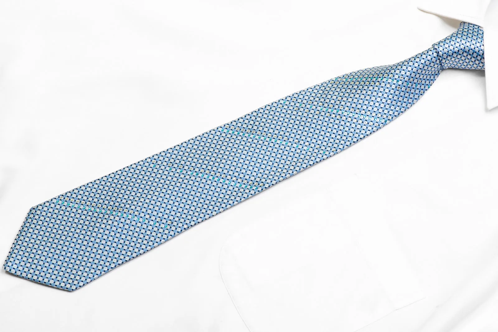 Silver Blue Dots Rhinestone Silk Necktie