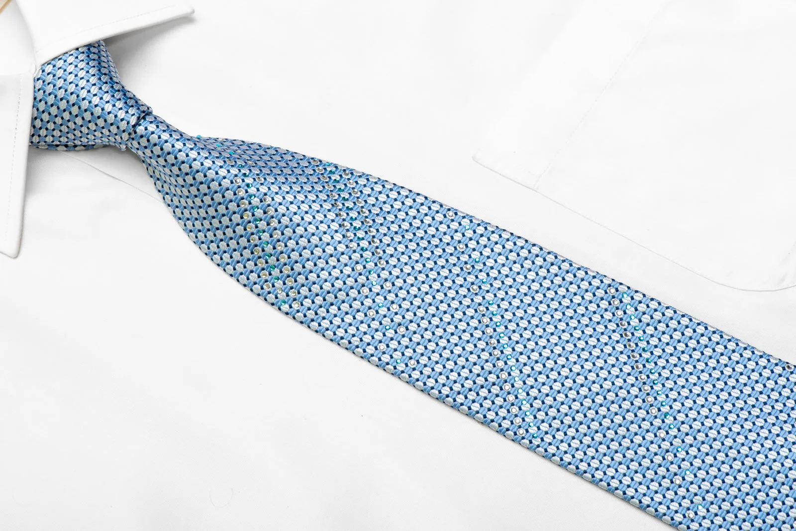 Silver Blue Dots Rhinestone Silk Necktie