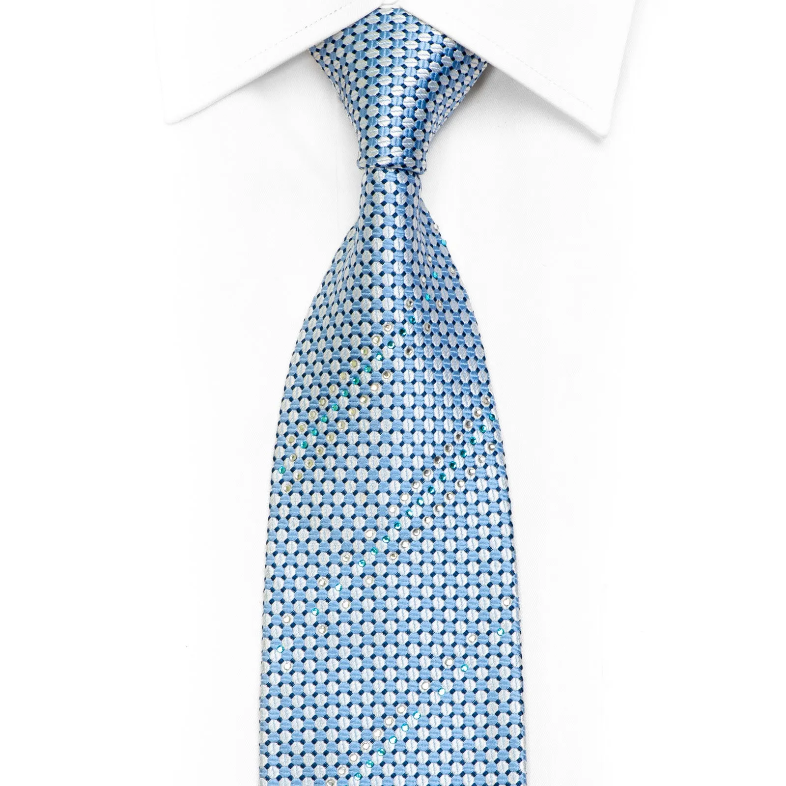 Silver Blue Dots Rhinestone Silk Necktie