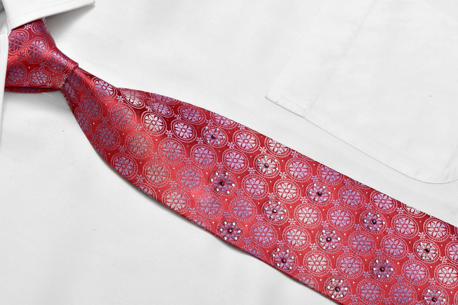 Silver Blue Floral Geometric On Red Rhinestone Silk Necktie With Silver Sparkles