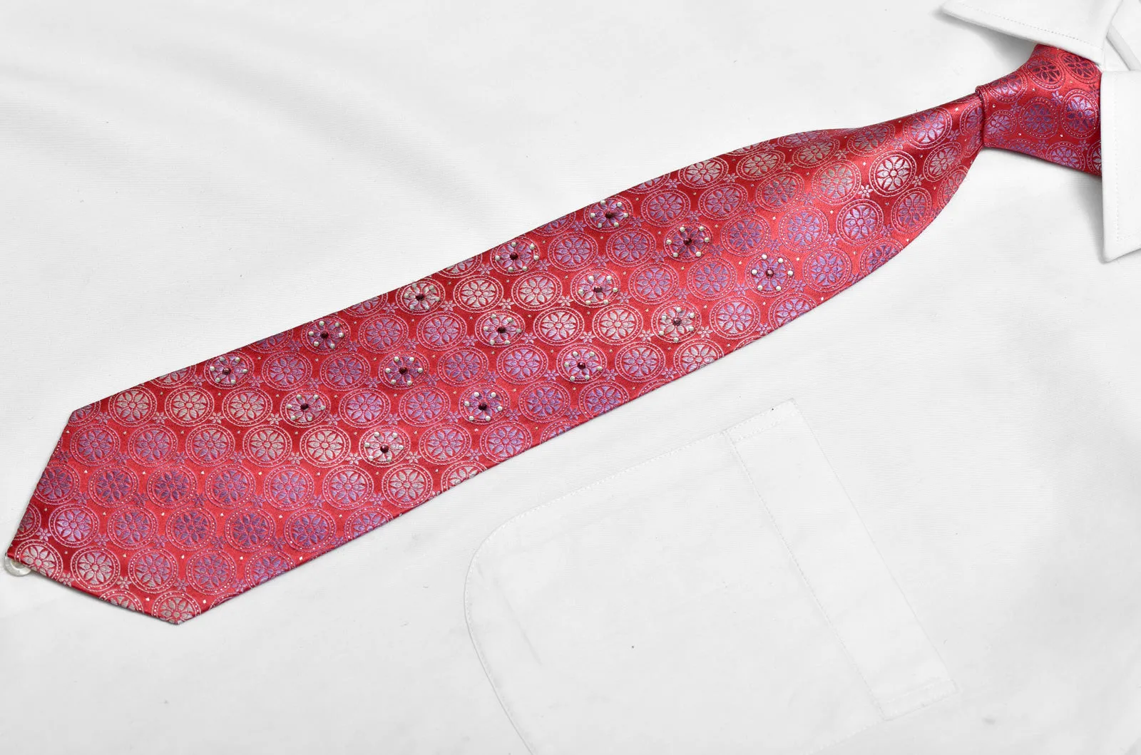 Silver Blue Floral Geometric On Red Rhinestone Silk Necktie With Silver Sparkles