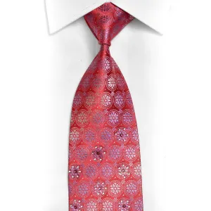 Silver Blue Floral Geometric On Red Rhinestone Silk Necktie With Silver Sparkles