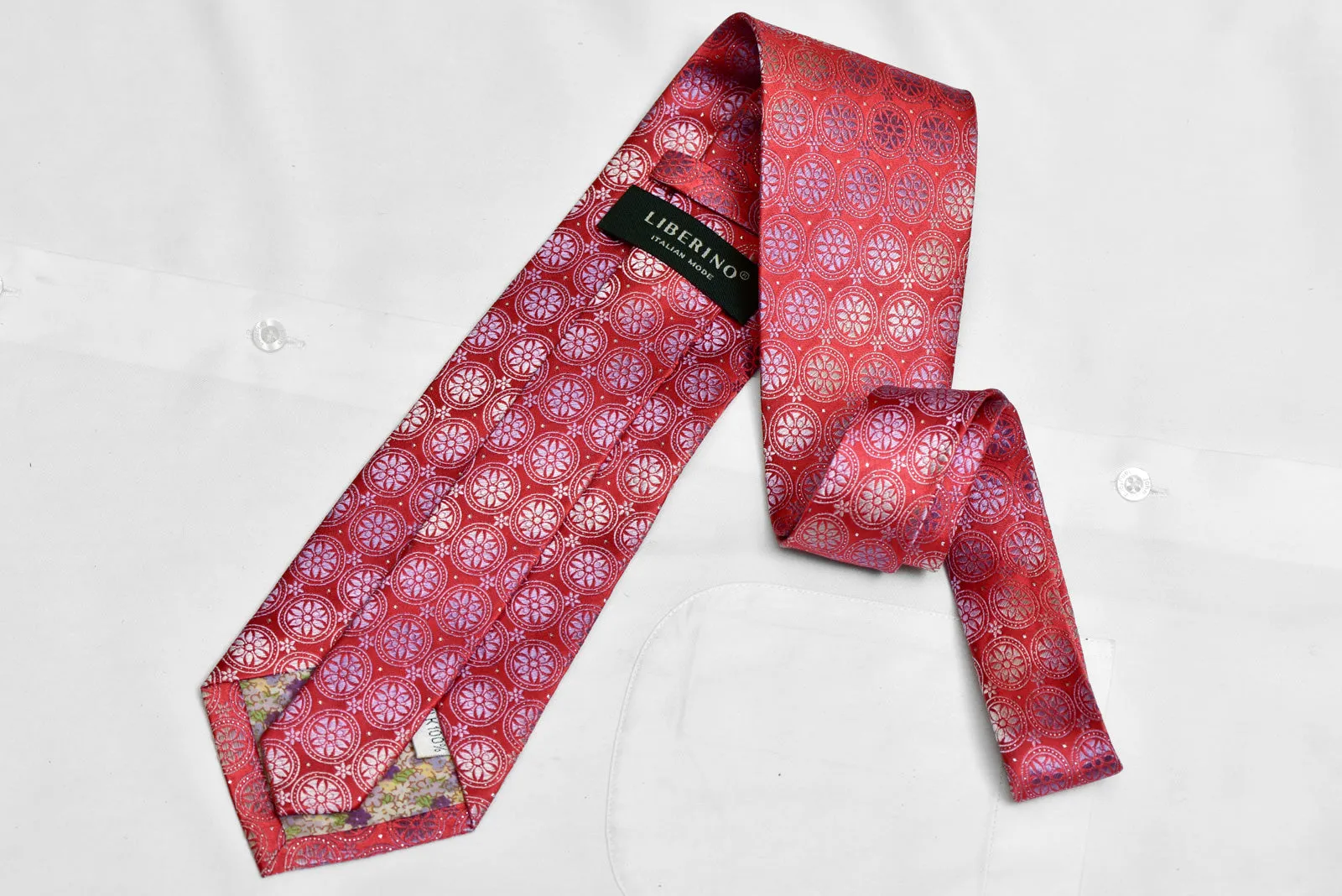 Silver Blue Floral Geometric On Red Rhinestone Silk Necktie With Silver Sparkles