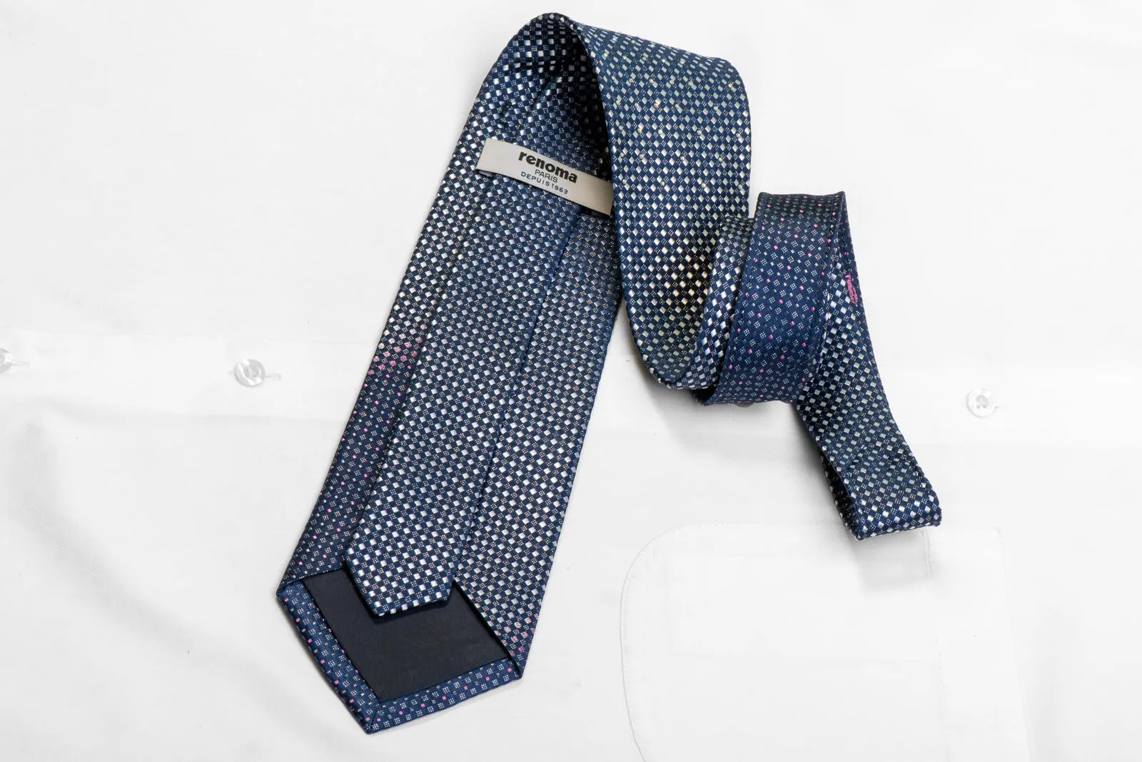 Silver Blue Micro Checkered Rhinestone Silk Necktie With Sparkles