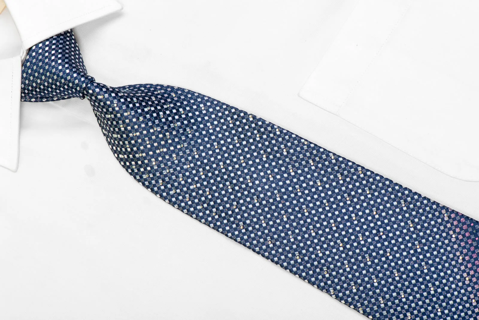 Silver Blue Micro Checkered Rhinestone Silk Necktie With Sparkles