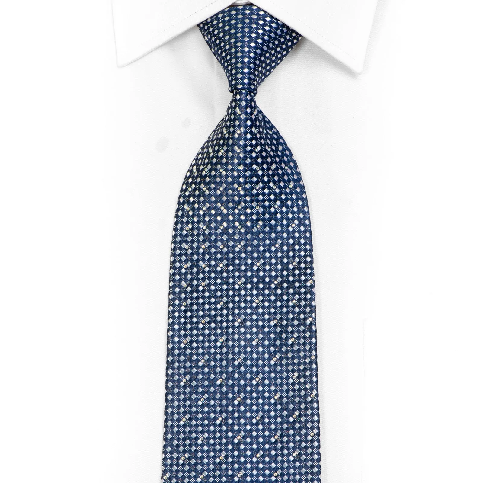 Silver Blue Micro Checkered Rhinestone Silk Necktie With Sparkles