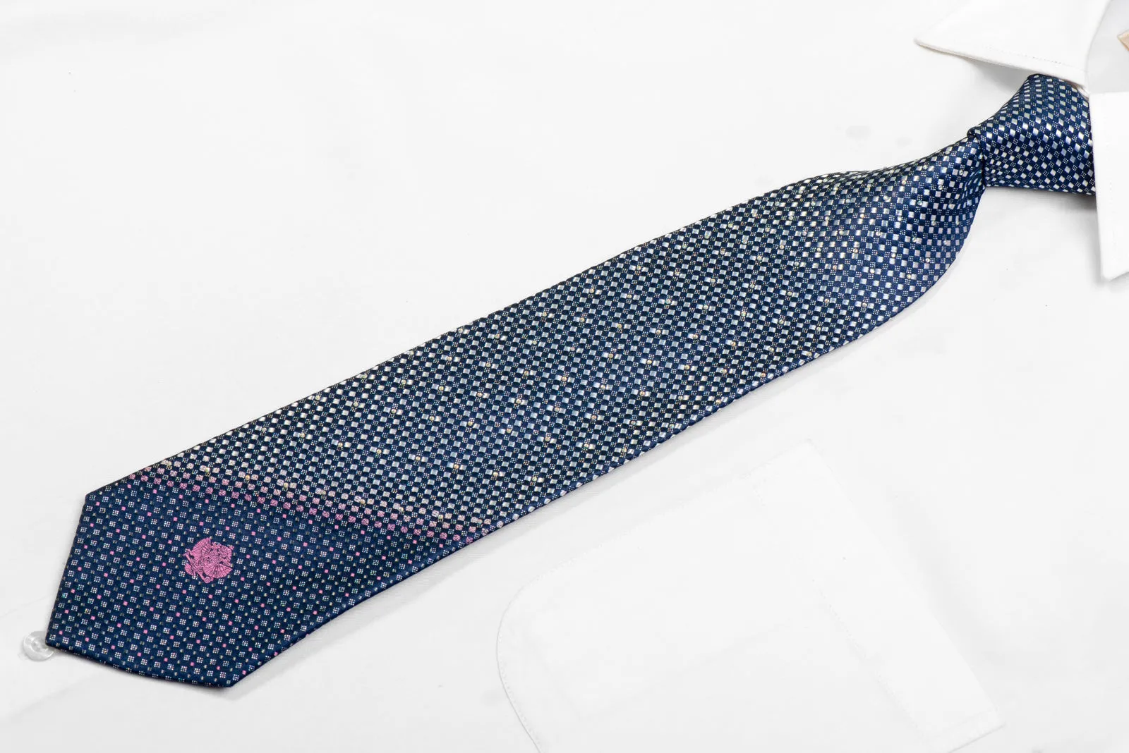 Silver Blue Micro Checkered Rhinestone Silk Necktie With Sparkles