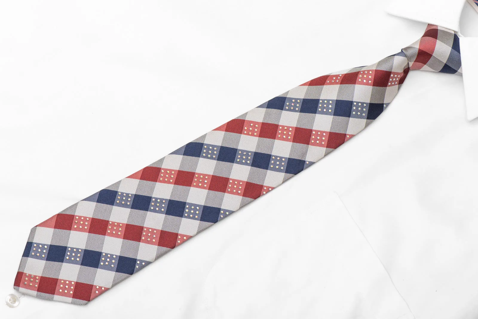 Silver Blue Red Plaid Design Rhinestone Silk Necktie