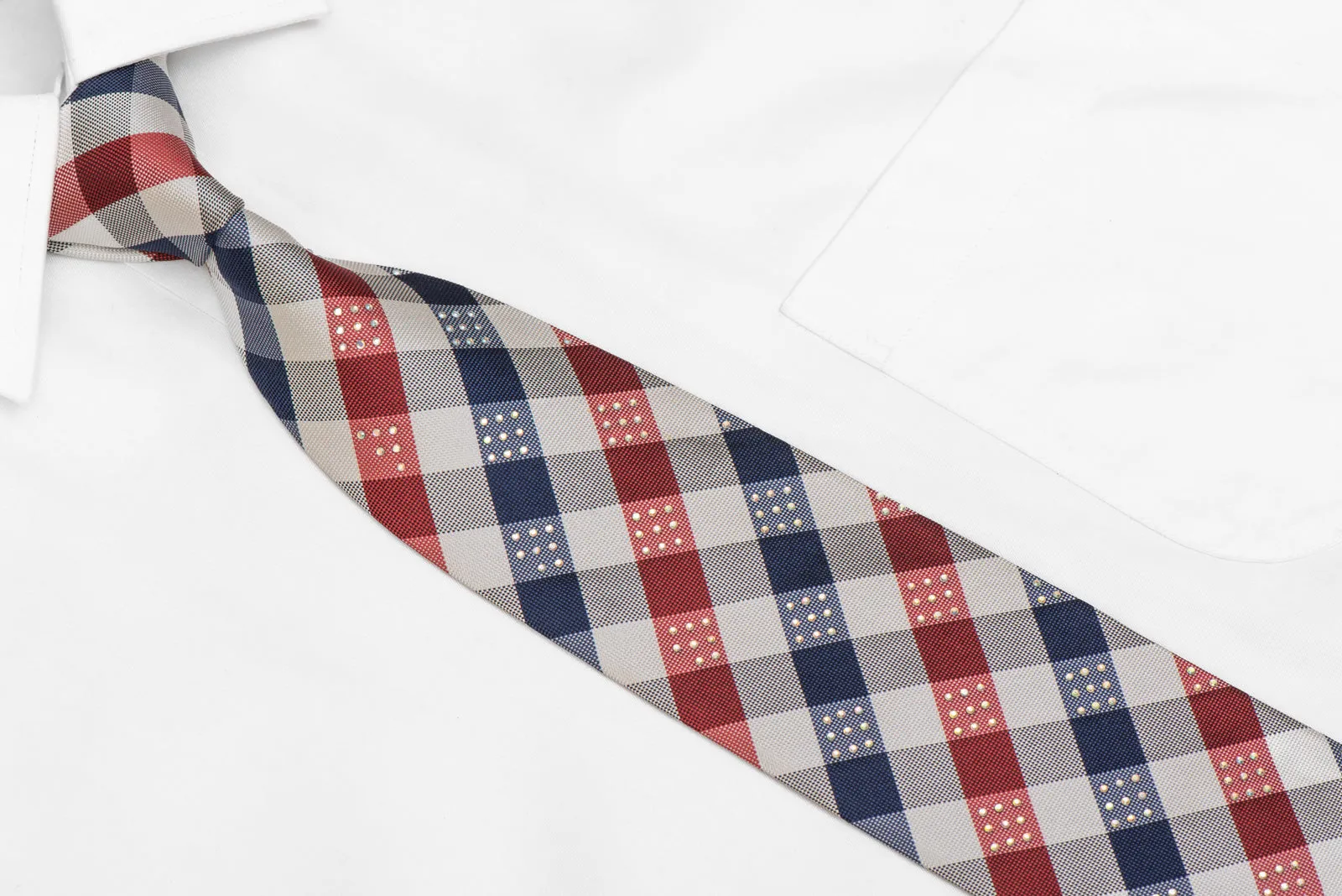Silver Blue Red Plaid Design Rhinestone Silk Necktie