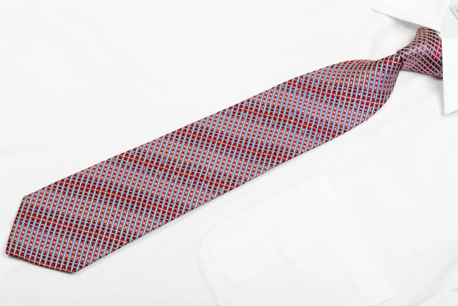 Silver Burgundy Blue Striped Rhinestone Tie With Gold Sparkles