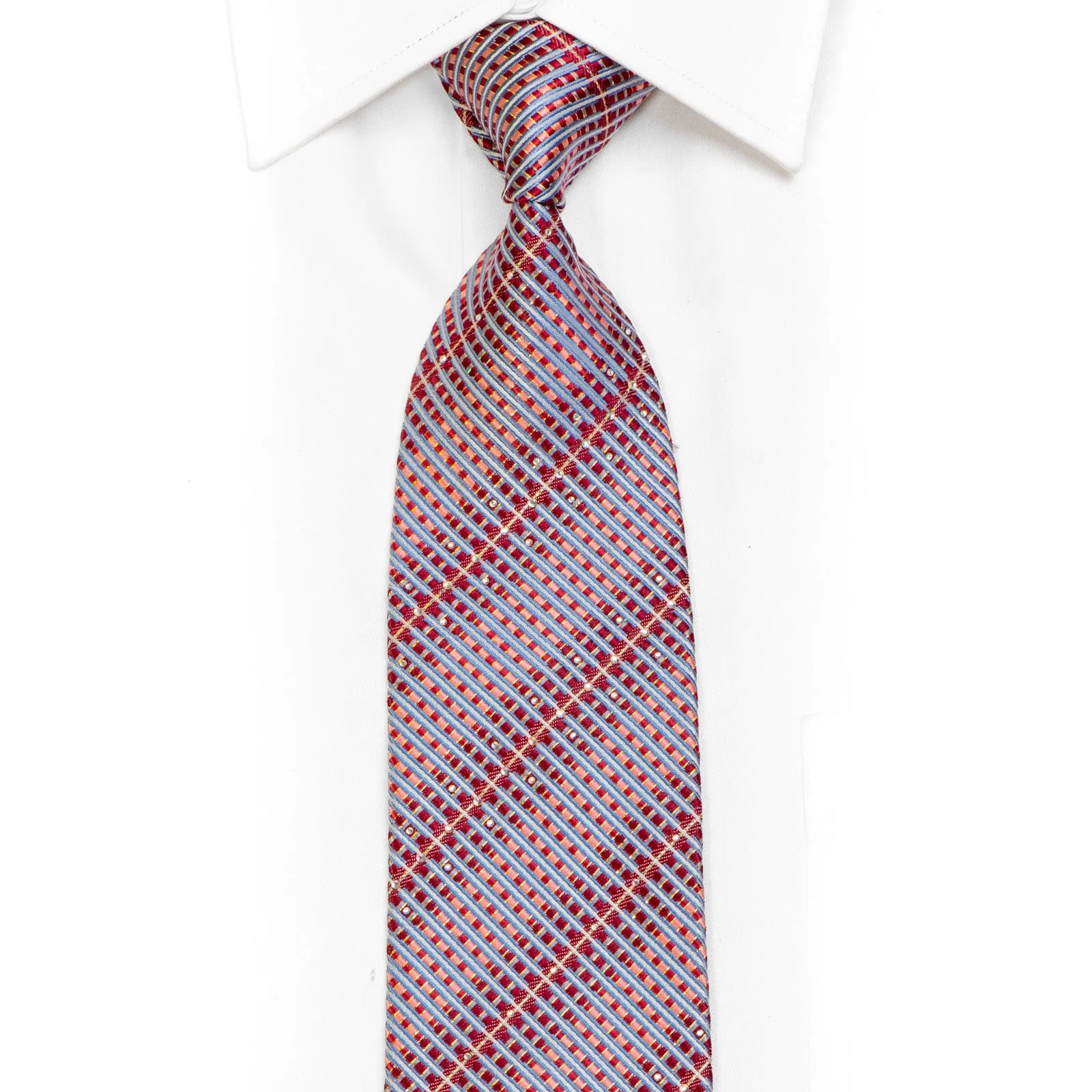 Silver Burgundy Blue Striped Rhinestone Tie With Gold Sparkles