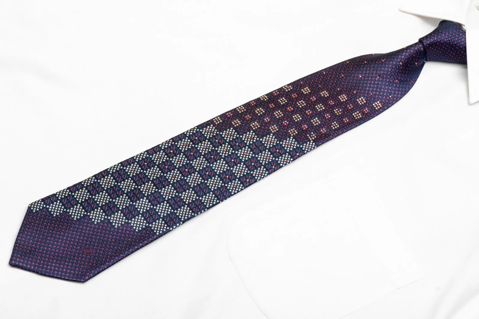 Silver Checkered On Navy Rhinestone Silk Necktie With Purple Sparkles