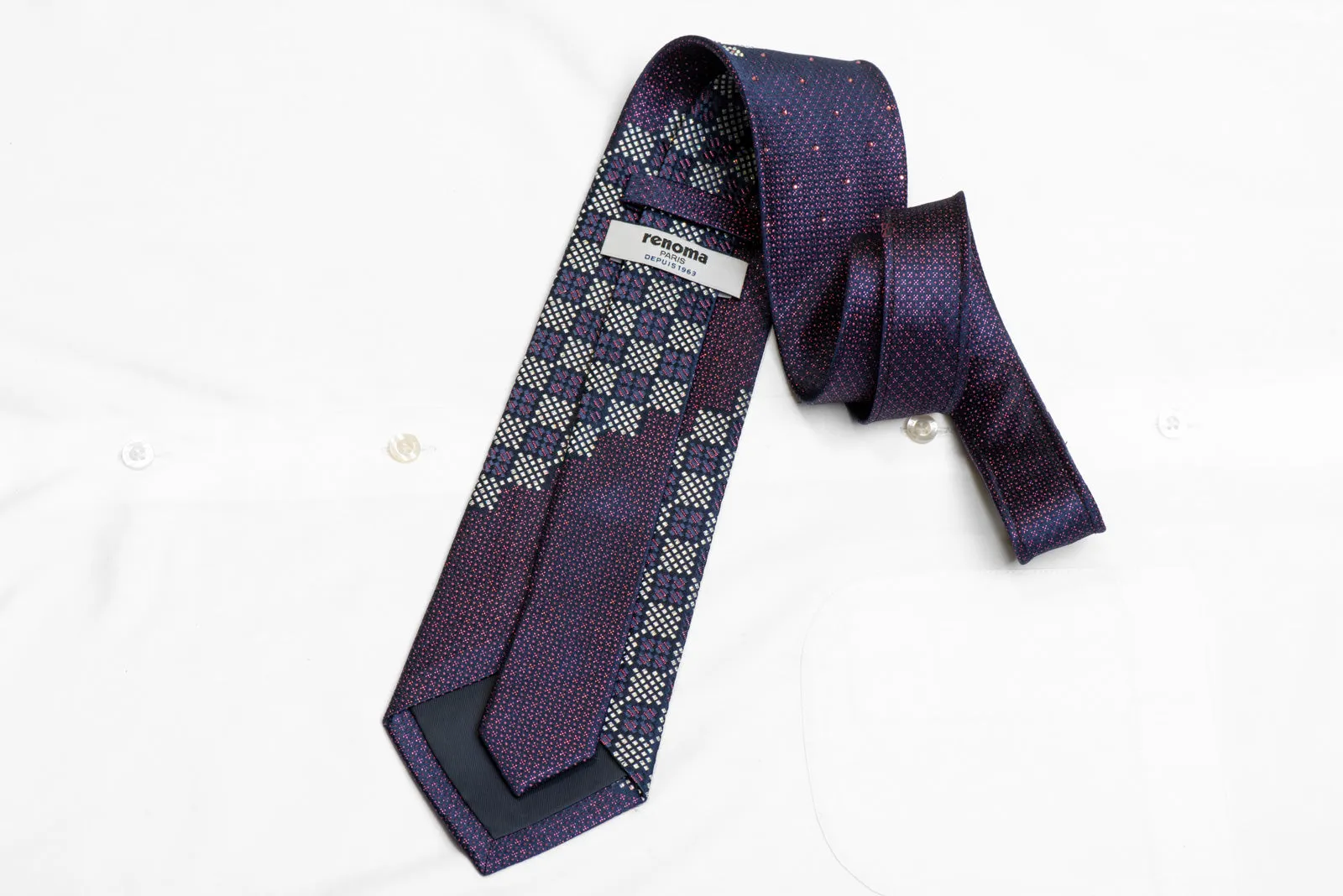 Silver Checkered On Navy Rhinestone Silk Necktie With Purple Sparkles