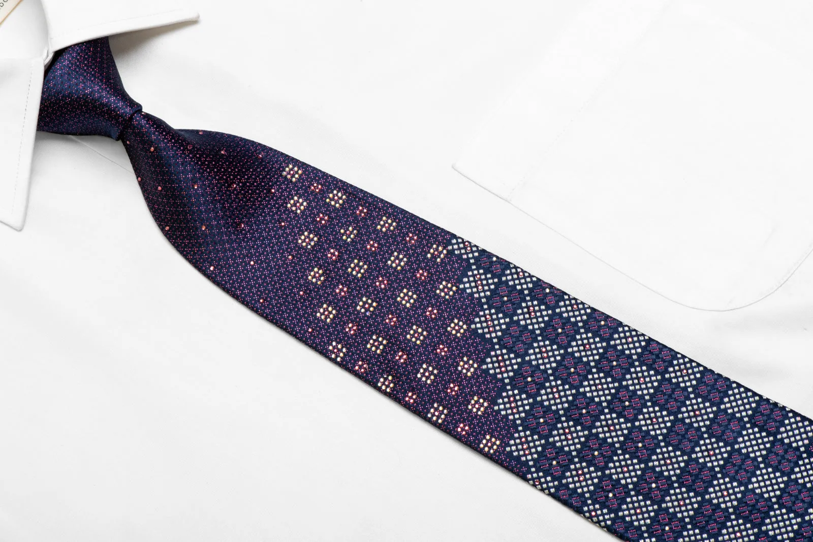 Silver Checkered On Navy Rhinestone Silk Necktie With Purple Sparkles